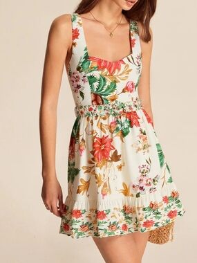 Commense White Floral Square-Neck Mini Dress with Green & Coral Accents